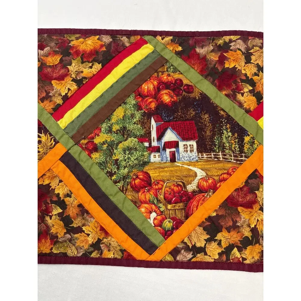 Vintage Patchwork Autumn Themed Handmade Quilted Table Runner Reversible